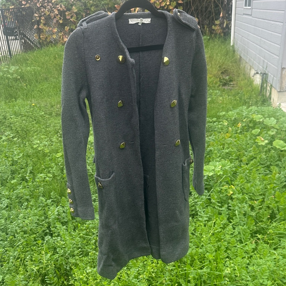 Cozy Grey Military Style 100% Wool Knit Sweater Coat Philip Lim 3.1